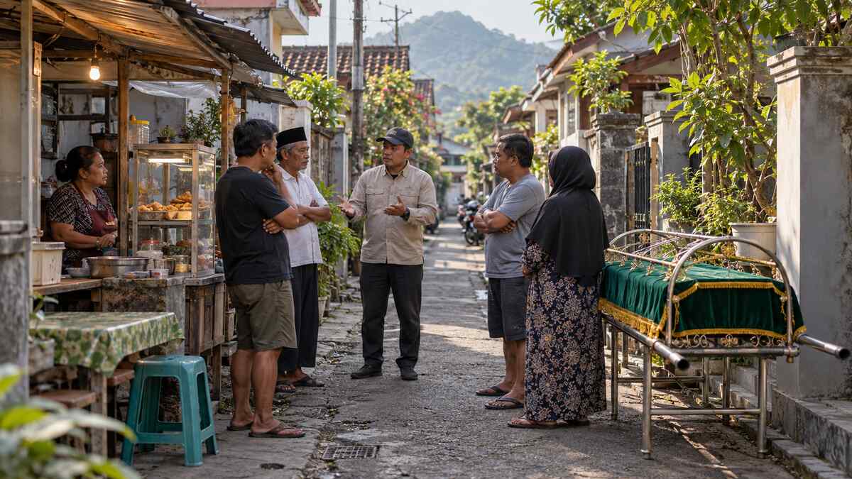 Warga dan petugas berdiskusi di gang sempit dekat warung dengan keranda kosong terlihat di sisi jalan