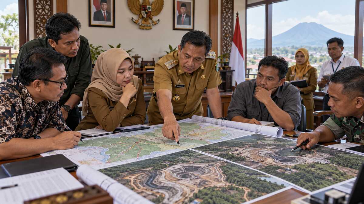 Sejumlah pejabat berdiskusi mengelilingi peta jalan dan citra kawasan tambang dalam ruang rapat pemerintahan