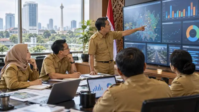 Ilustrasi realistis editorial mengenai pergantian 13 kepala dinas di Surabaya yang diuji lewat target layanan, tanpa teks atau logo.