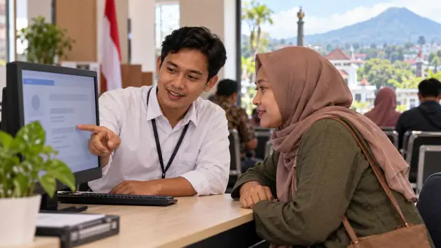 Petugas membantu warga memeriksa data pemilih di meja layanan Kota Malang