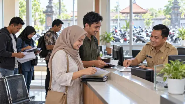Warga menyerahkan berkas kendaraan kepada petugas di loket Samsat Jawa Timur