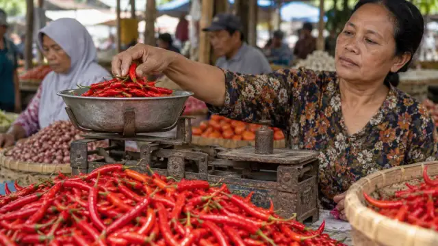 Cabai rawit merah ditimbang di sebuah lapak pasar tradisional.