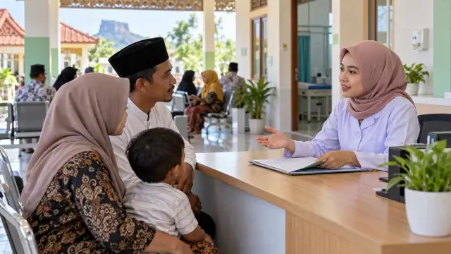Petugas puskesmas menjelaskan alur layanan kepada keluarga di Pamekasan
