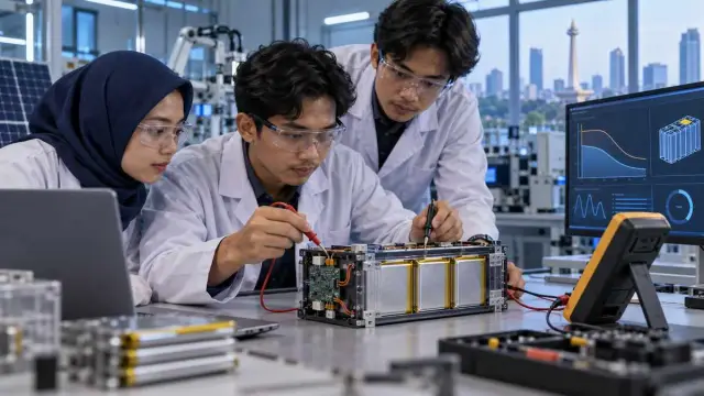 Peneliti ITS memeriksa modul baterai dan grafik sensor pada meja laboratorium