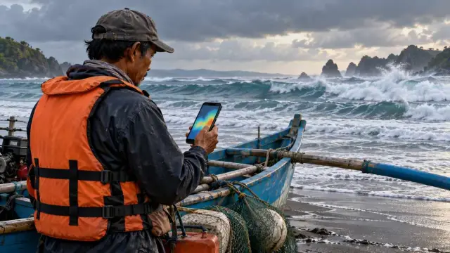 Nelayan melihat informasi cuaca maritim di ponsel dengan perahu dan laut bergelombang di belakang