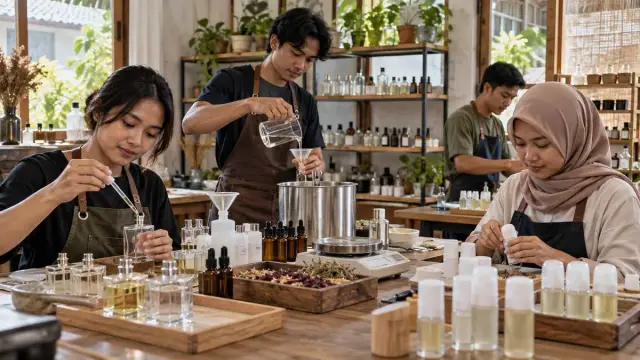 Ilustrasi realistis editorial mengenai usaha parfum pemuda Kedungdoro Surabaya dari Dana Gen Z, tanpa teks atau logo.