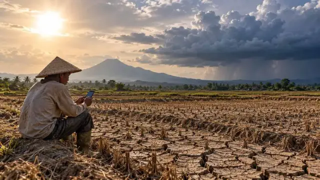Petani berdiri di lahan retak sambil melihat ponsel dengan awan gelap berkumpul di cakrawala