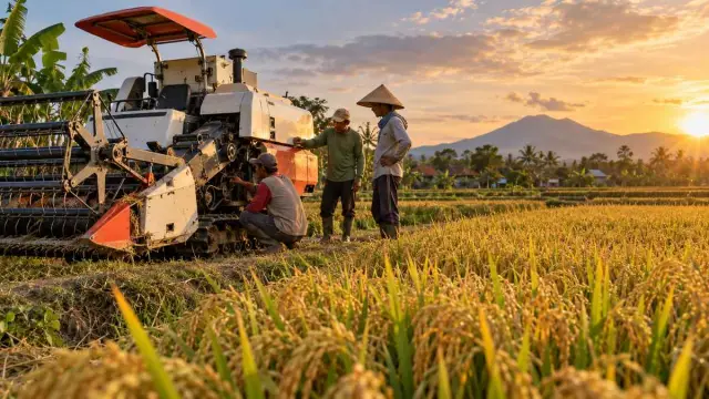 Mesin panen kecil di samping sawah dengan beberapa petani.