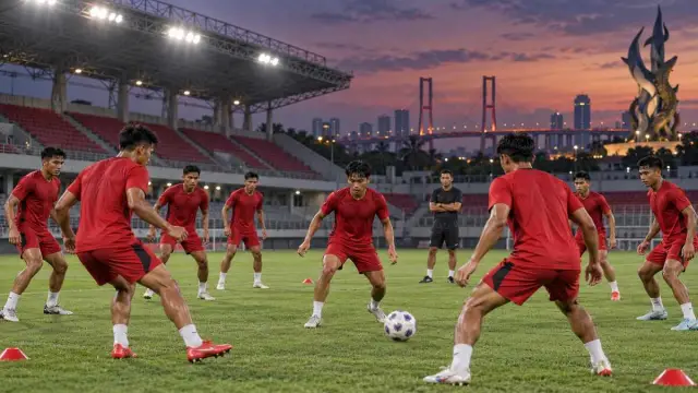 Pemain klub Surabaya berlatih di stadion dengan lampu menyala menjelang pertandingan