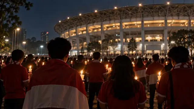 Suporter berdiri hening dengan lilin di depan gerbang stadion pada malam hari