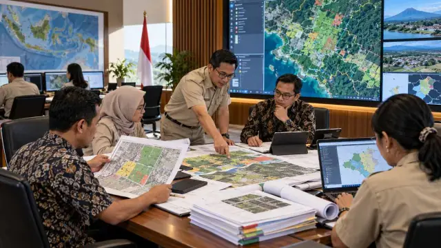 Ilustrasi realistis editorial tentang satu data agraria didorong untuk memendekkan sengketa tanah di Jawa Timur, tanpa teks atau logo.
