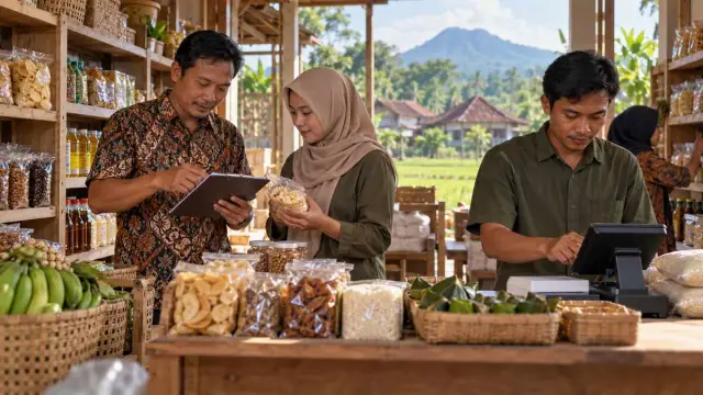 Pengurus koperasi desa memeriksa barang dan catatan transaksi di toko komunitas Madiun