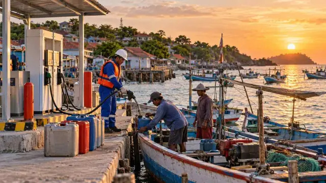 Nelayan membawa jeriken resmi di fasilitas bahan bakar pulau dengan perahu di dermaga