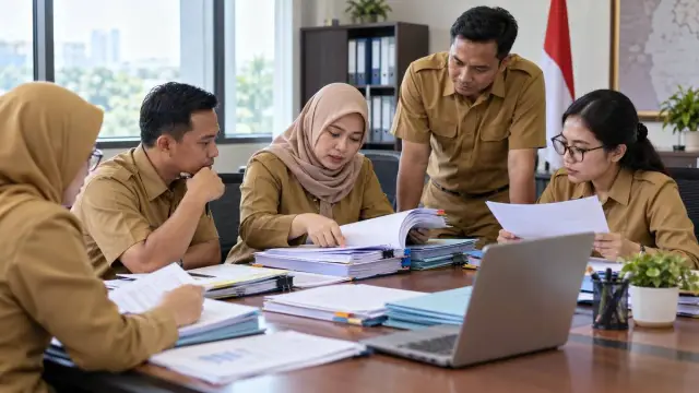 Ilustrasi realistis editorial mengenai rapat koordinasi perpanjangan kontrak PPPK di Jember, tanpa teks atau logo.