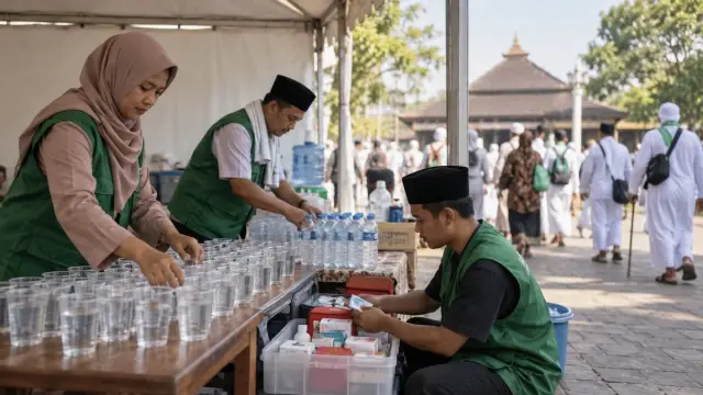 Meja pelayanan jemaah dengan gelas air dan tas pertolongan pertama.