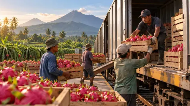 Pekerja menata peti buah naga di dekat gerbong barang di Banyuwangi