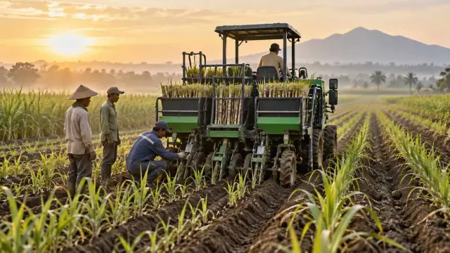 Petani mengawasi mesin pertanian yang menanam tebu di lahan luas