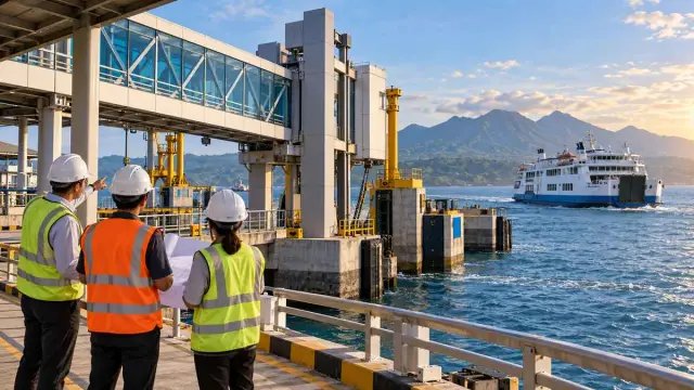 Pekerja memeriksa dermaga Ketapang sementara kapal feri bersandar di Selat Bali