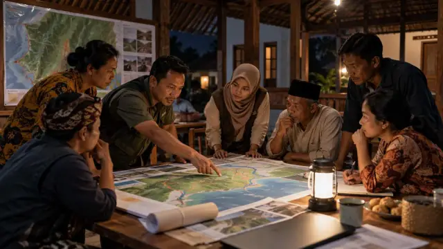 Ilustrasi realistis editorial mengenai pembekalan siaga bencana di Kelurahan Sumbersari Jember, tanpa teks atau logo.