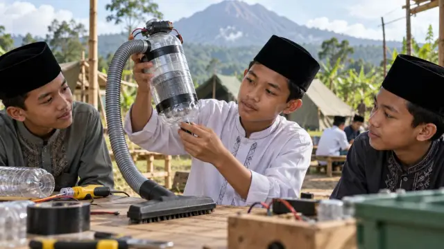 Pelajar santri memperhatikan prototipe botol plastik di atas meja.