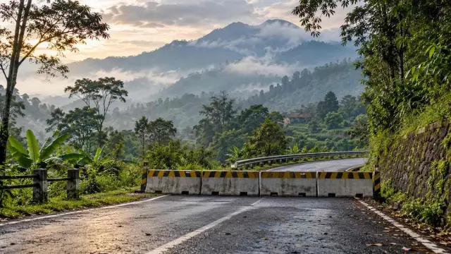 Jalan sepi di kaki pegunungan dengan pembatas pengamanan netral.