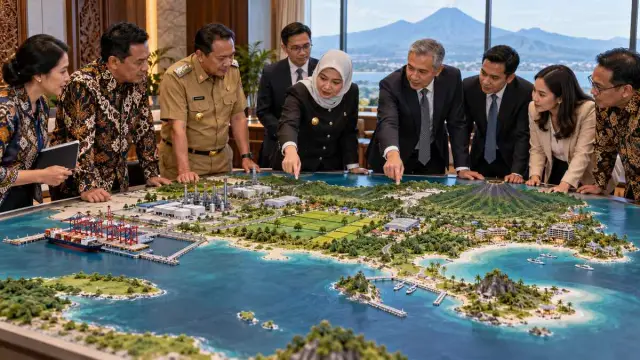 Perwakilan daerah dan investor memeriksa peta proyek dalam forum investasi