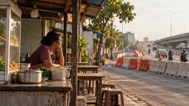 Pemilik warung memandang jalan yang dialihkan di kawasan Jagir Surabaya