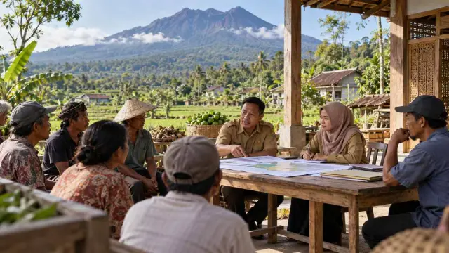 Ilustrasi realistis editorial mengenai evaluasi pajak desa di Jambearum, Kecamatan Sumberjambe, Jember, tanpa teks atau logo.