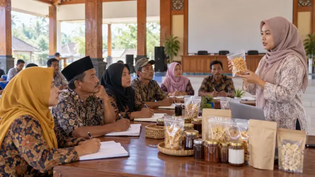 Ilustrasi realistis editorial tentang bantuan usaha menjangkau 1.549 pelaku ekonomi rentan Bojonegoro di Kabupaten Bojonegoro, tanpa teks atau logo.