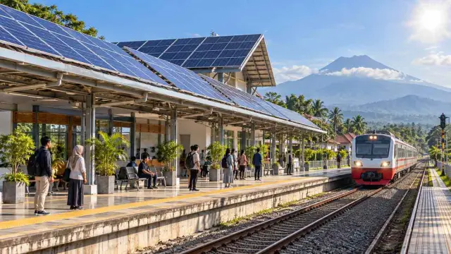 Panel surya terpasang di atap stasiun sementara kereta dan penumpang terlihat di bawah