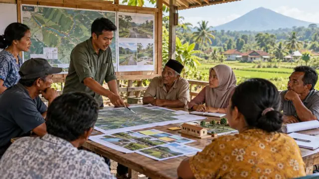 Ilustrasi realistis editorial mengenai Musrenbangdes Sucopangepok Jember menyusun prioritas pembangunan, tanpa teks atau logo.