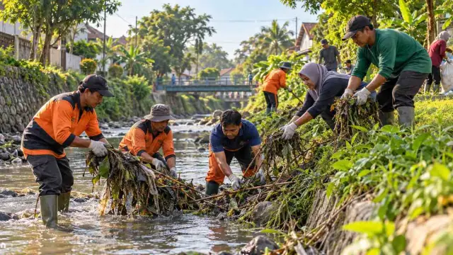 Petugas dan warga mengangkat sampah dari aliran sungai kecil di Madiun