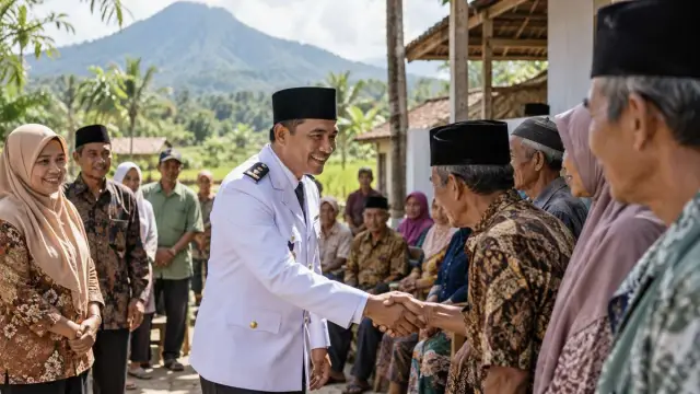 Ilustrasi realistis editorial mengenai pelantikan kepala desa antarwaktu Setail Banyuwangi, tanpa teks atau logo.