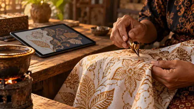 Tangan membatik dengan canting di samping perangkat desain tanpa tulisan.