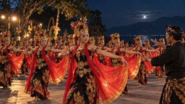 Barisan penari Gandrung berlatih pada malam hari di bawah cahaya panggung yang lembut