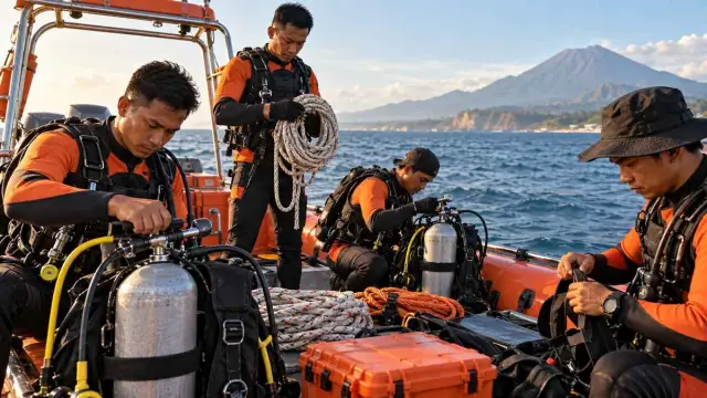 Tim SAR memeriksa tabung dan tali selam di atas perahu sebelum pencarian
