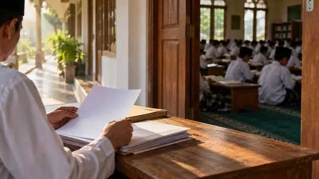 Petugas memeriksa berkas tanpa identitas terbaca di dekat ruang belajar santri.