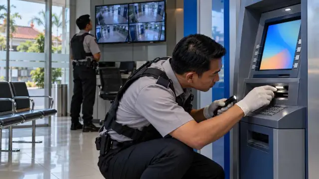 Petugas keamanan memeriksa lubang kartu sebuah mesin ATM di ruang layanan