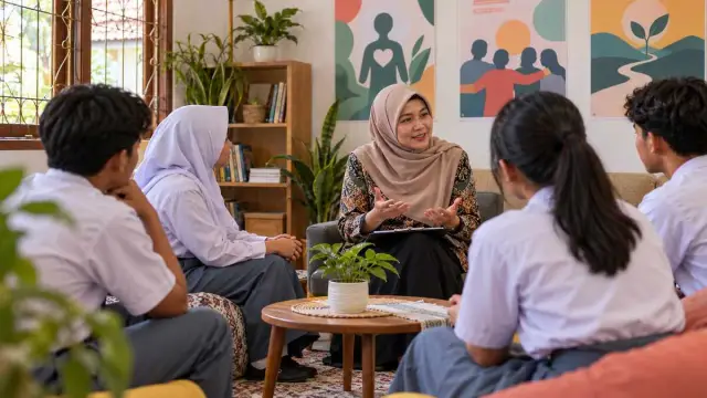 Konselor berbicara dengan sekelompok pelajar dalam sesi pencegahan penyalahgunaan obat