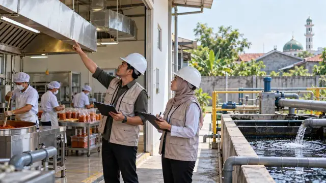 Ilustrasi realistis editorial tentang industri bumbu di Krian memasuki tahap konsultasi lingkungan di Kabupaten Sidoarjo, tanpa teks atau logo.
