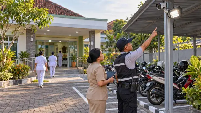 Petugas memeriksa keamanan area parkir sepeda motor di depan sebuah klinik