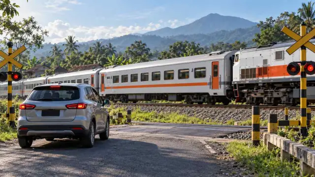 Mobil berhenti aman sebelum rel saat kereta melintas di perlintasan pedesaan Lumajang