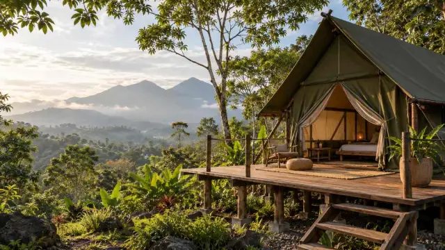 Tenda tanpa tulisan berdiri di atas panggung kayu rendah dengan pepohonan.