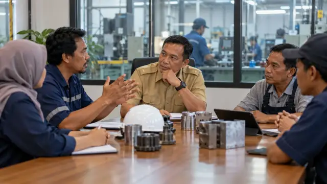 Beberapa orang berdiskusi di meja rapat dengan perlengkapan industri di latar.