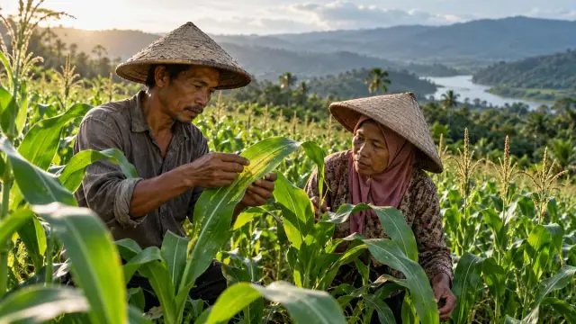 Dua orang memeriksa daun jagung di ladang hijau tanpa logo.