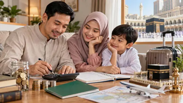 Ilustrasi realistis editorial tentang biaya haji 2027 disepakati turun pada porsi yang dibayar jemaah di Jawa Timur, tanpa teks atau logo.