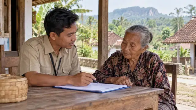 Petugas layanan desa berbicara dengan warga lanjut usia di meja dengan formulir tanpa tulisan