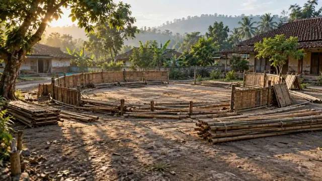 Tumpukan bambu dan kayu dari sebuah pagar melingkar yang telah dibongkar di halaman desa kosong