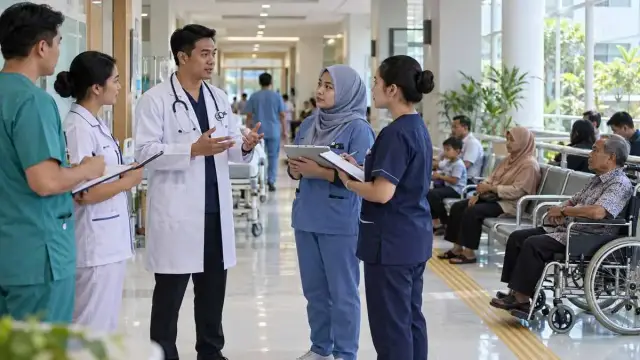 Tim tenaga kesehatan berdiskusi di koridor rumah sakit daerah yang bersih sementara pasien menunggu tertib