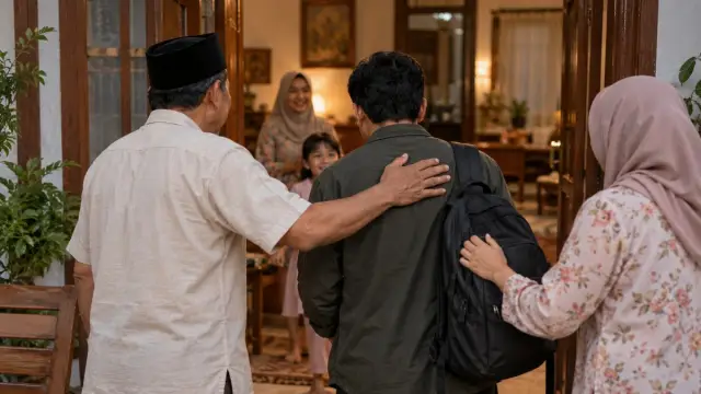 Keluarga menyambut seorang kerabat dewasa di rumah sederhana, dengan wajah tidak ditonjolkan